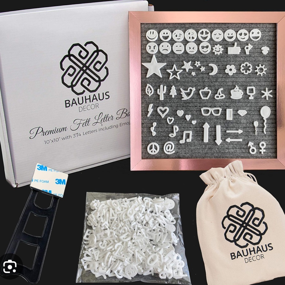 Bauhaus Decor 10x10 Felt Letter Board Rose Gold Frame w/ Letters & Emojis